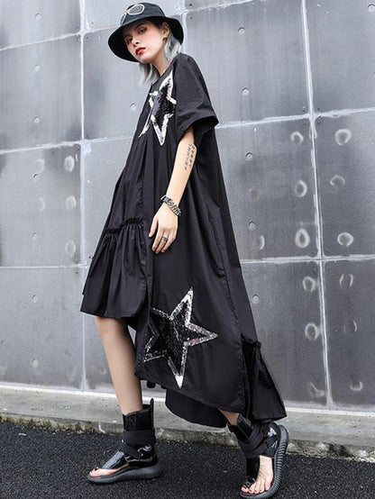 Black Oversize Asymmetric Stars Dress-STYLEGOING
