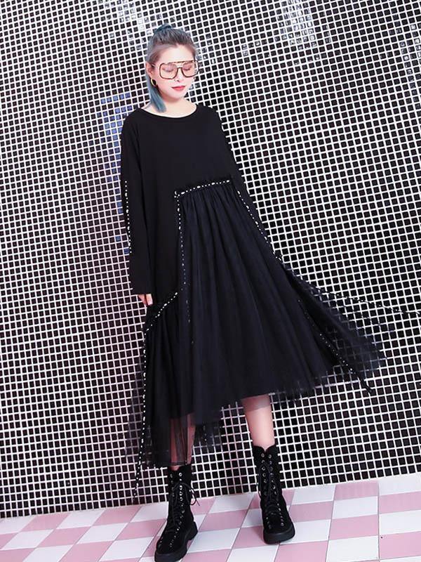 Black Loose Rivet Gauze Splicing Dress-STYLEGOING