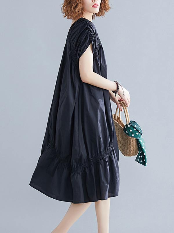 Black Loose Drawstring Ruffled Midi Dress-STYLEGOING