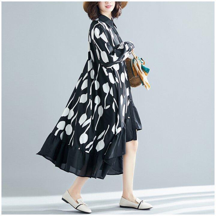 Black Printed Ruffle Shirt Midi Dress-STYLEGOING