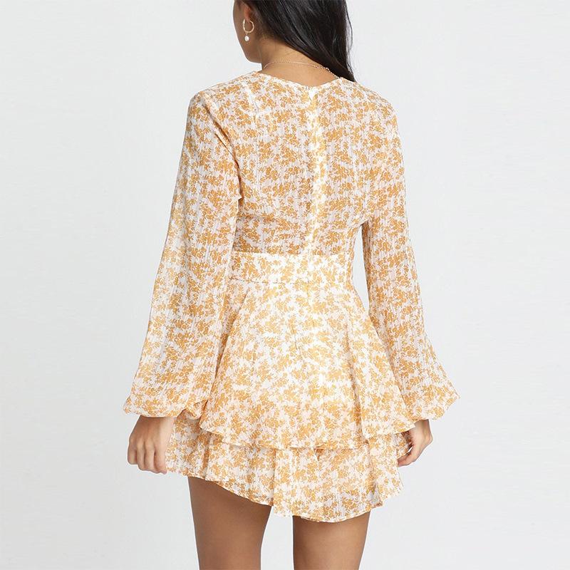 Floral Printed Long Sleeves V-Neck Mini Dress-STYLEGOING