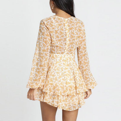 Floral Printed Long Sleeves V-Neck Mini Dress-STYLEGOING