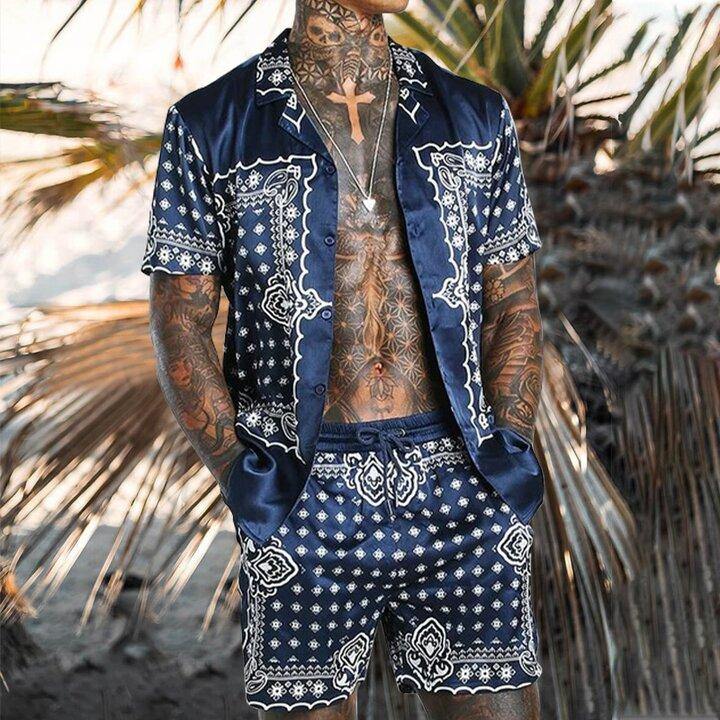 Men Striped Printed Top&Shorts Suits-STYLEGOING