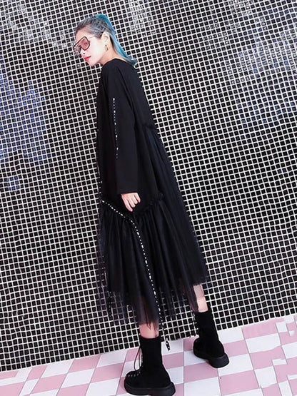 Black Loose Rivet Gauze Splicing Dress-STYLEGOING