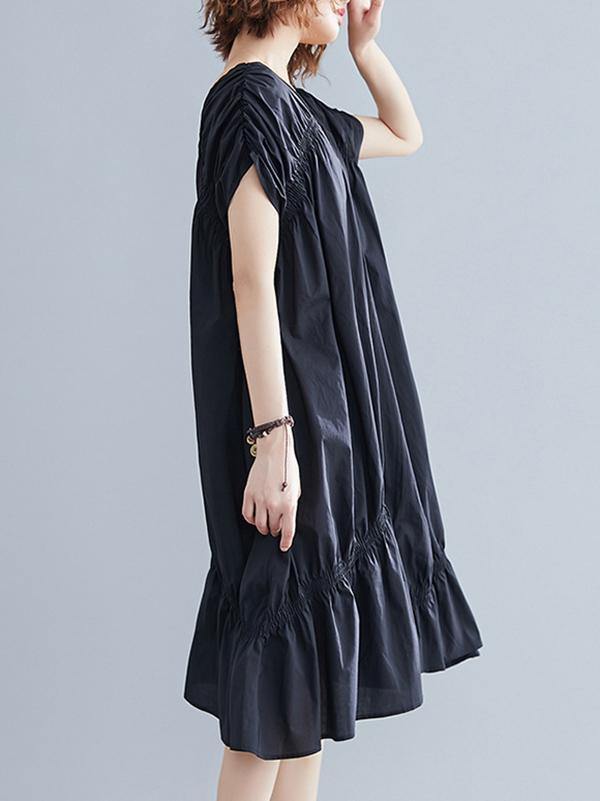 Black Loose Drawstring Ruffled Midi Dress-STYLEGOING
