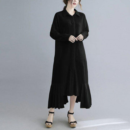 Lapel Cotton And Linen Long Maxi Dress-STYLEGOING
