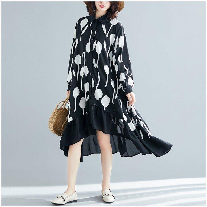 Black Printed Ruffle Shirt Midi Dress-STYLEGOING