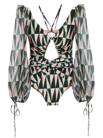 V-Neck Long Sleeves One-Piece Swimwear-STYLEGOING