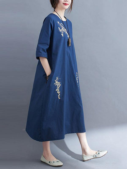 Embroidery Vintae Color Half-Sleeve Long Dress-STYLEGOING