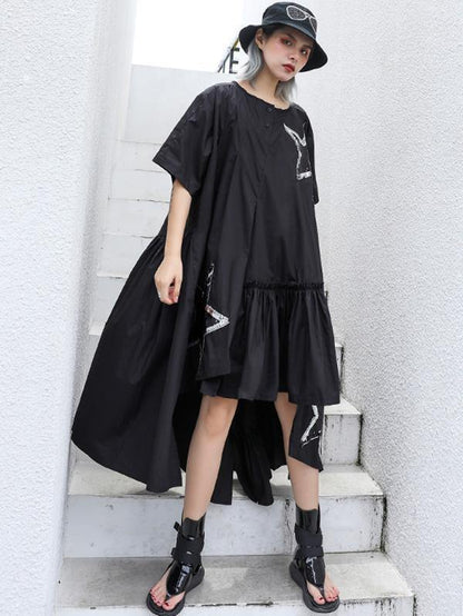Black Oversize Asymmetric Stars Dress-STYLEGOING