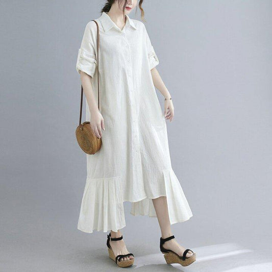 Lapel Cotton And Linen Long Maxi Dress-STYLEGOING