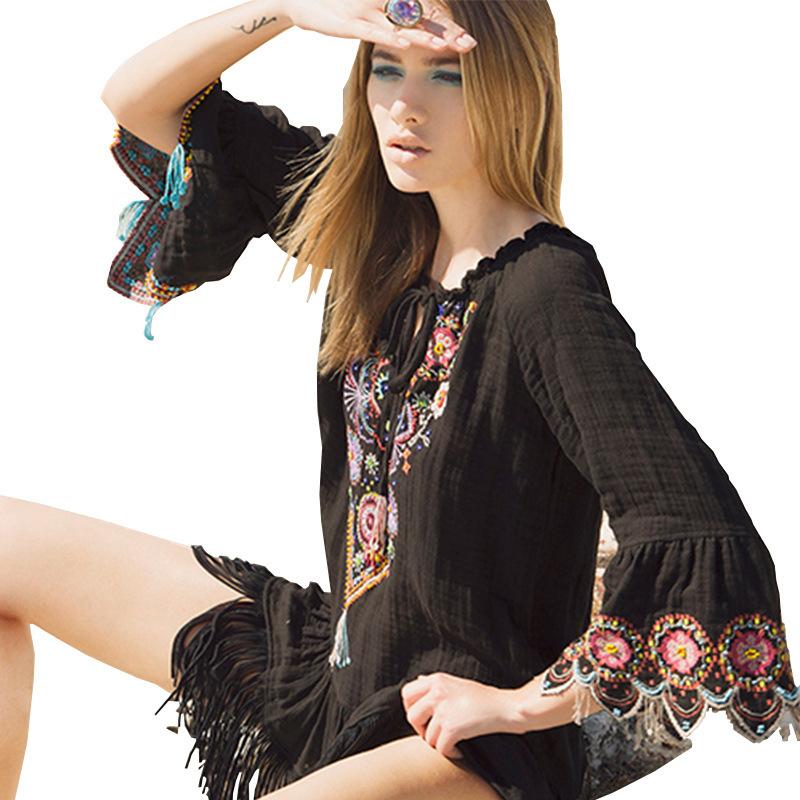 Flared Sleeves Tasseled Mini/Short Dress-STYLEGOING