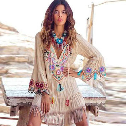Flared Sleeves Tasseled Mini/Short Dress-STYLEGOING