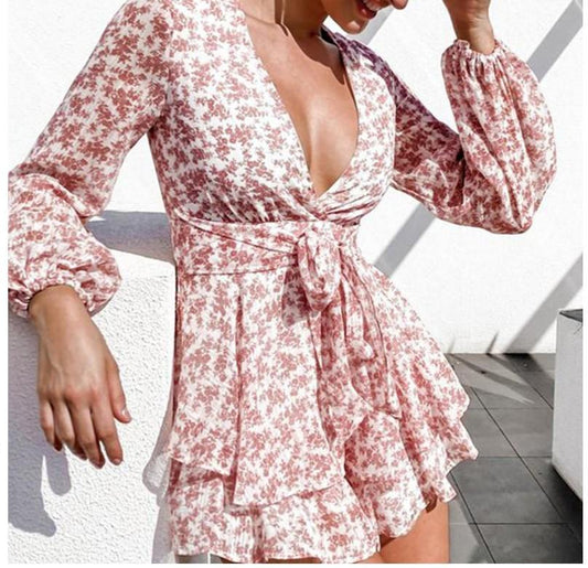 Floral Printed Long Sleeves V-Neck Mini Dress-STYLEGOING