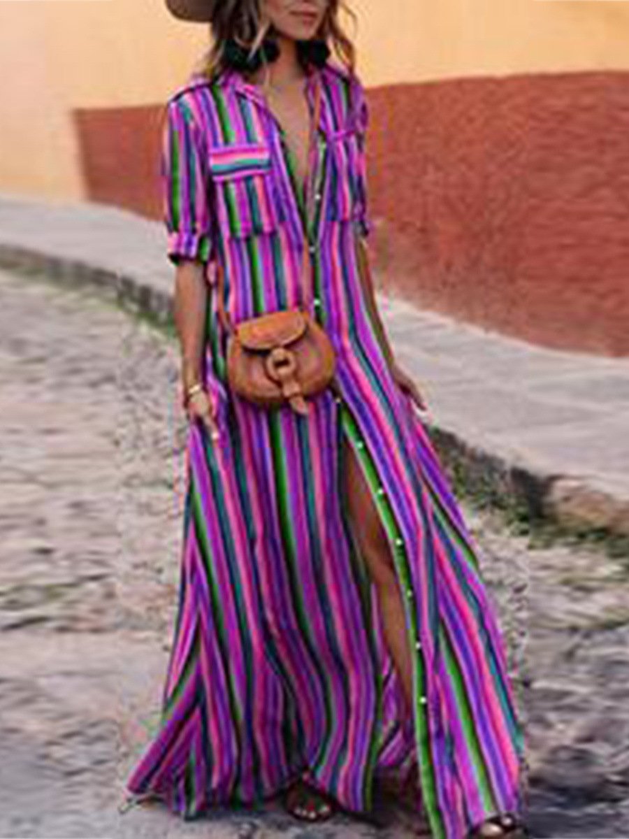 Bohemia Striped Shirt Half Sleeves Maxi Dress-STYLEGOING