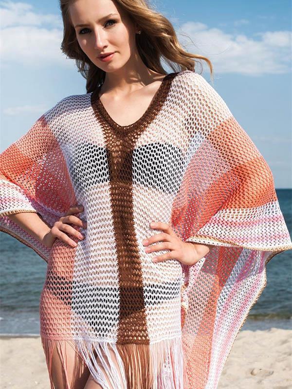 Summer Striped Tasseled Beach Cover-Ups-STYLEGOING