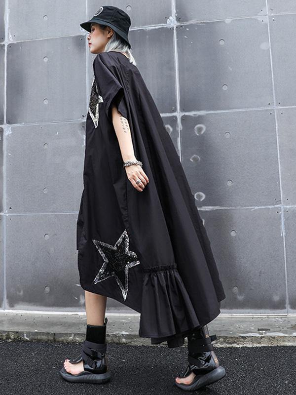 Black Oversize Asymmetric Stars Dress-STYLEGOING