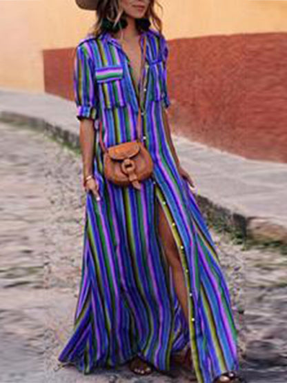 Bohemia Striped Shirt Half Sleeves Maxi Dress-STYLEGOING