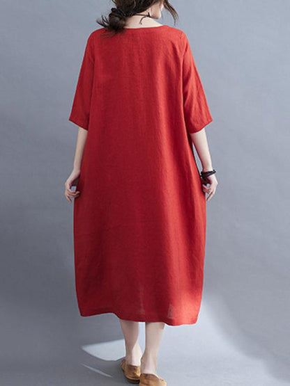 Embroidery Vintae Color Half-Sleeve Long Dress-STYLEGOING