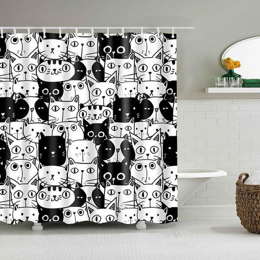 Blue White Cat Print Bathroom Fabric Shower Curtain