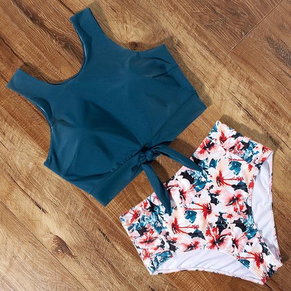 High Waist Bikini Leopard Floral Swimsuit-STYLEGOING