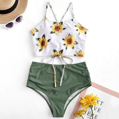 High Waist Bikini Leopard Floral Swimsuit-STYLEGOING