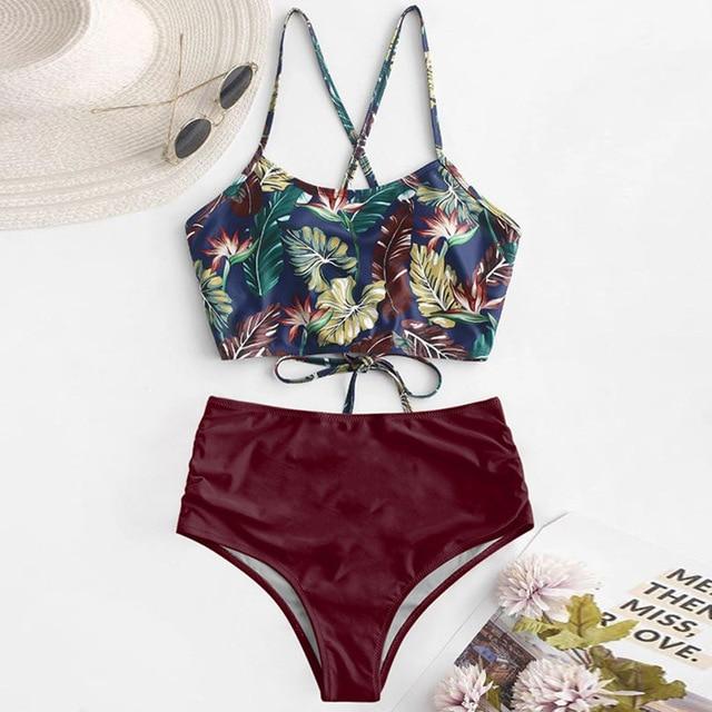 High Waist Bikini Leopard Floral Swimsuit-STYLEGOING