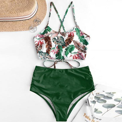 High Waist Bikini Leopard Floral Swimsuit-STYLEGOING