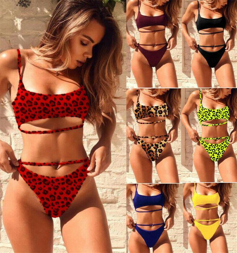 Leopard Print Solid Bikini Set Suits Swimwear-STYLEGOING