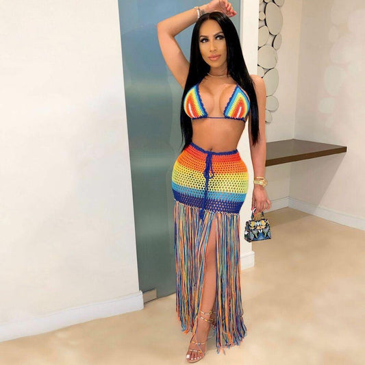 Beach Cover Up Rainbow Tassel 2PCS/Set-STYLEGOING