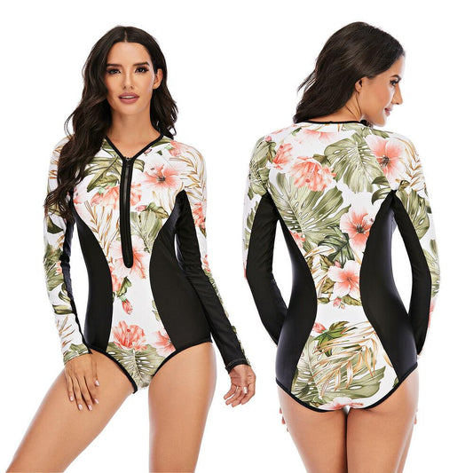 Women Zip Front Long Sleeve One Piece Swimsuit-STYLEGOING
