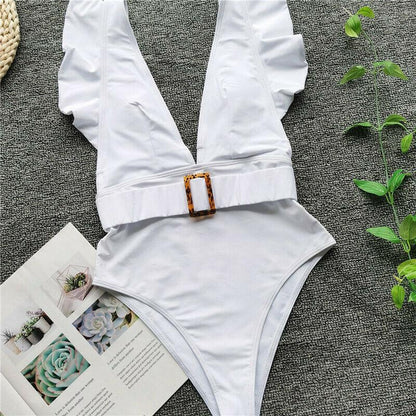 Sexy Solid Falbala Bikini with Buckle-STYLEGOING