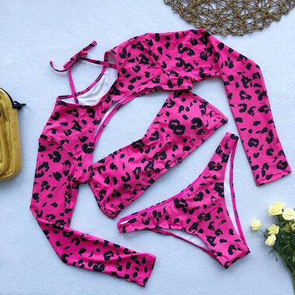 Long Sleeves Leopard 3PCS Set Swimwear-STYLEGOING