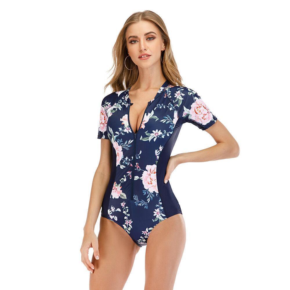 Floral Short Sleeve One Piece Swimwear-STYLEGOING