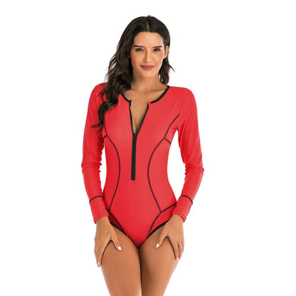 Red Long Sleeves One Piece Swimsuit-STYLEGOING
