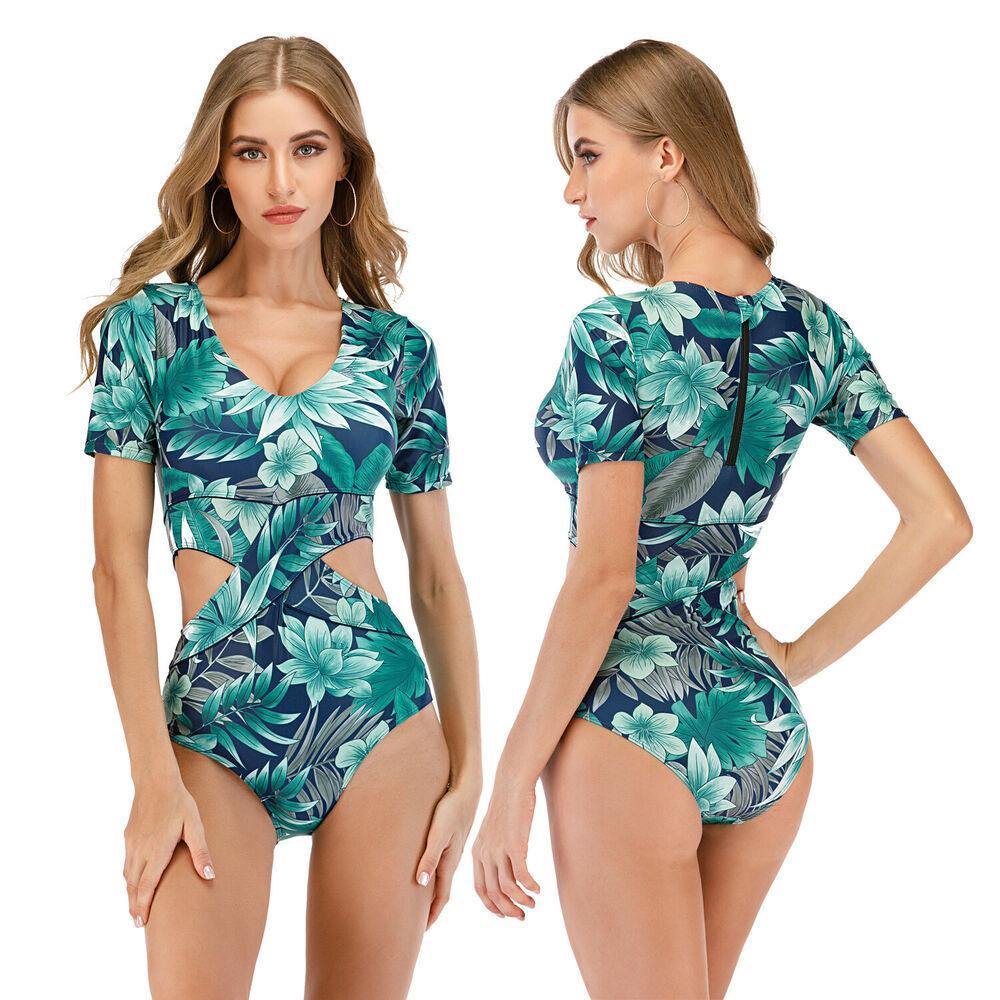 Surf Floral Short Sleeve One Piece Swimwear-STYLEGOING