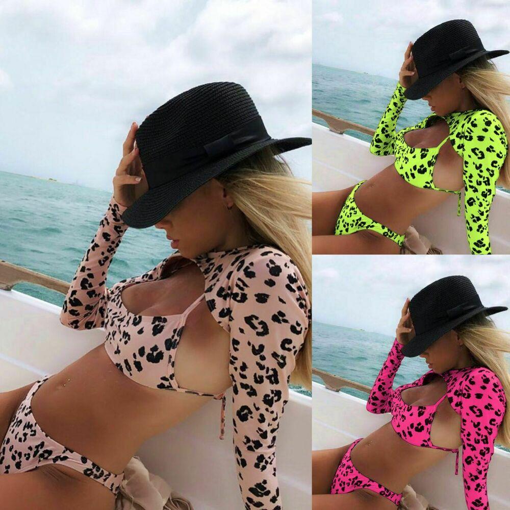 Long Sleeves Leopard 3PCS Set Swimwear-STYLEGOING