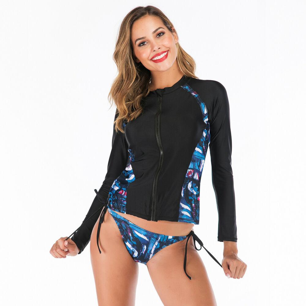 Zip Front Rash Guard Two Piece Swimwear-STYLEGOING