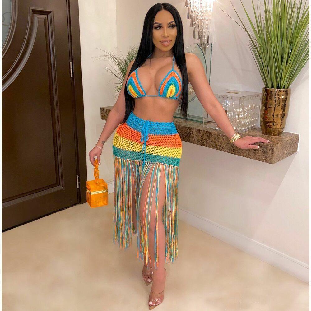 Beach Cover Up Rainbow Tassel 2PCS/Set-STYLEGOING