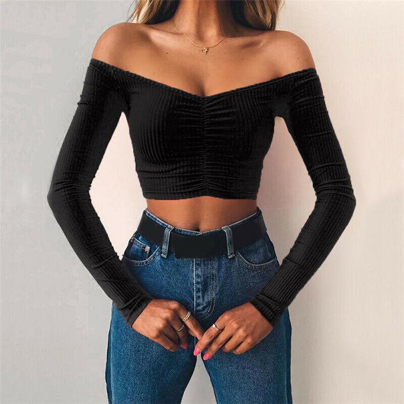 Sexy Slim Off Shoulder Crop Tops-STYLEGOING
