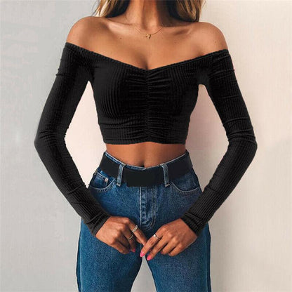 Sexy Slim Off Shoulder Crop Tops-STYLEGOING