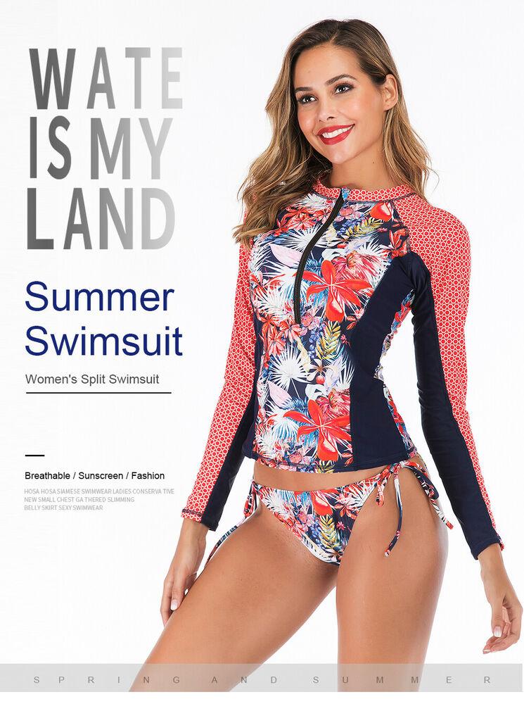 Pink Long Sleeve Two Piece Rash Guard Swimwear-STYLEGOING