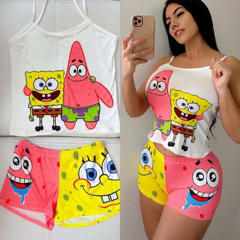 Cartoon Spaghetti Strap Vest Shorts Suit-STYLEGOING