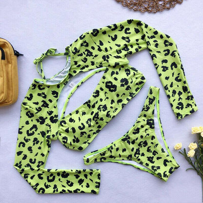 Long Sleeves Leopard 3PCS Set Swimwear-STYLEGOING