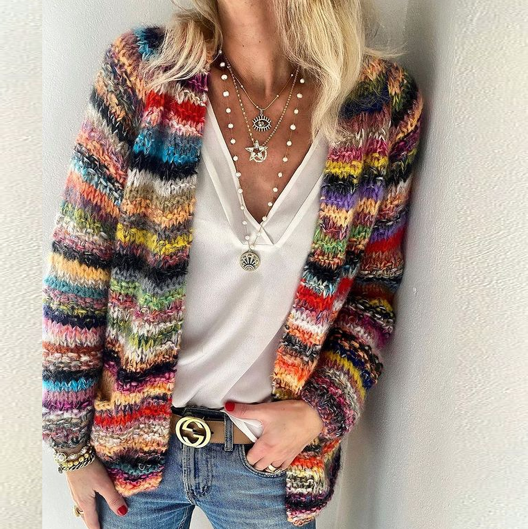 Bohemia Striped Colorful Knitting Cardigan-STYLEGOING