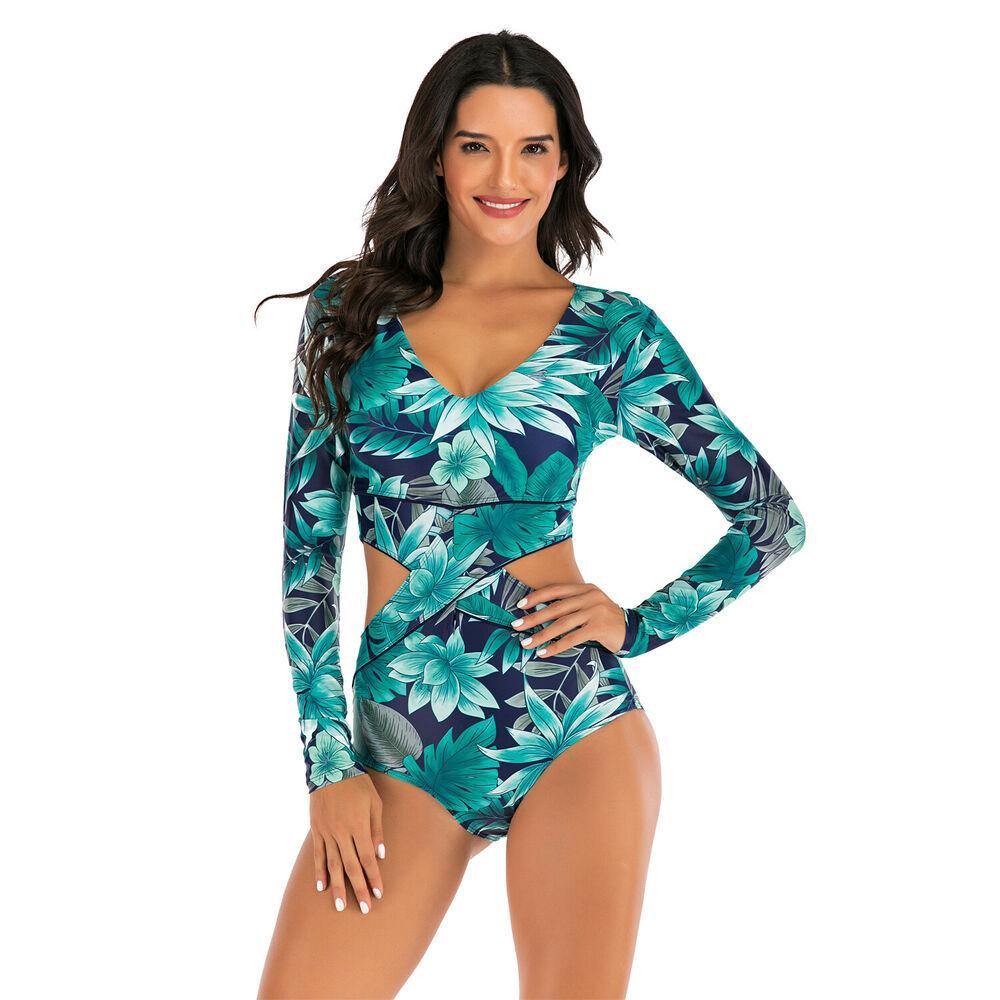 Long Sleeve One Piece Rash Guard Swimsuit-STYLEGOING