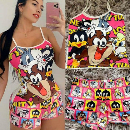 Cartoon Spaghetti Strap Vest Shorts Suit-STYLEGOING