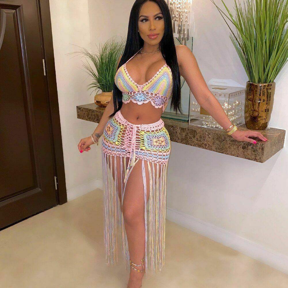 Beach Cover Up Rainbow Tassel 2PCS/Set-STYLEGOING
