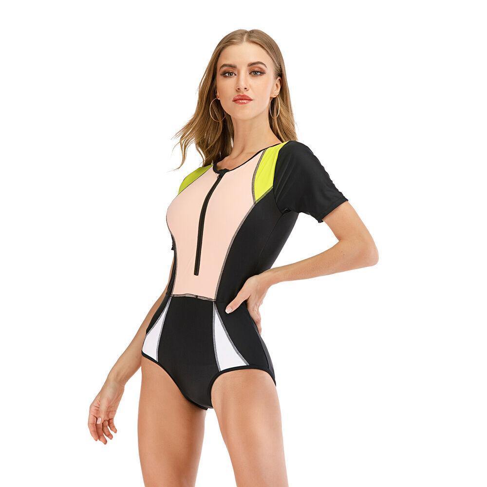 Short Sleeve One Piece Rash Guard Swimwear-STYLEGOING