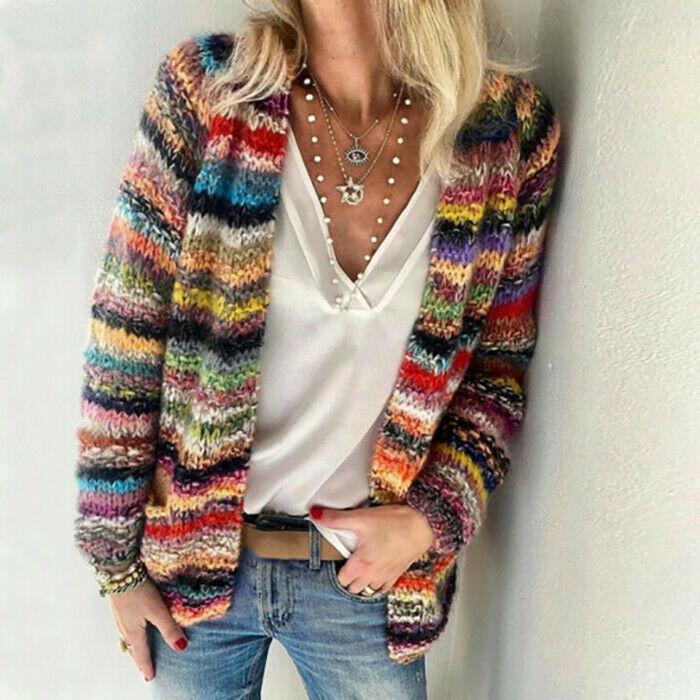 Bohemia Striped Colorful Knitting Cardigan-STYLEGOING